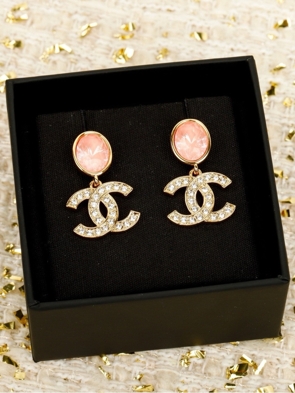 Chanel Pink Crystal CC Drop Earrings